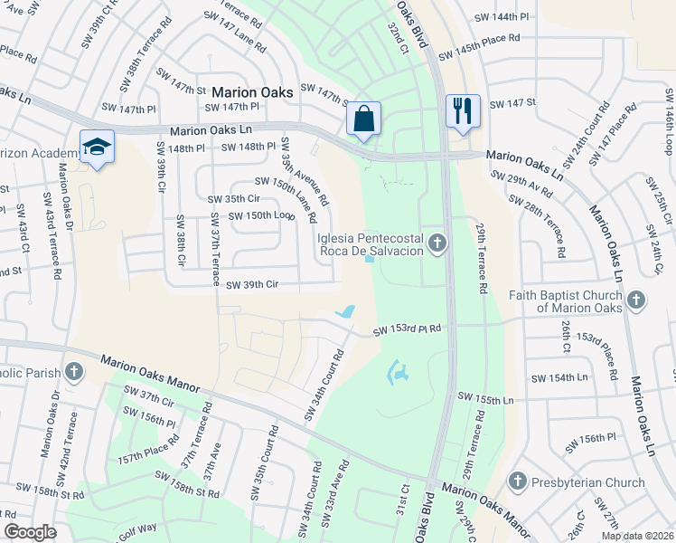 map of restaurants, bars, coffee shops, grocery stores, and more near 15201 Southwest 35th Avenue Road in Ocala
