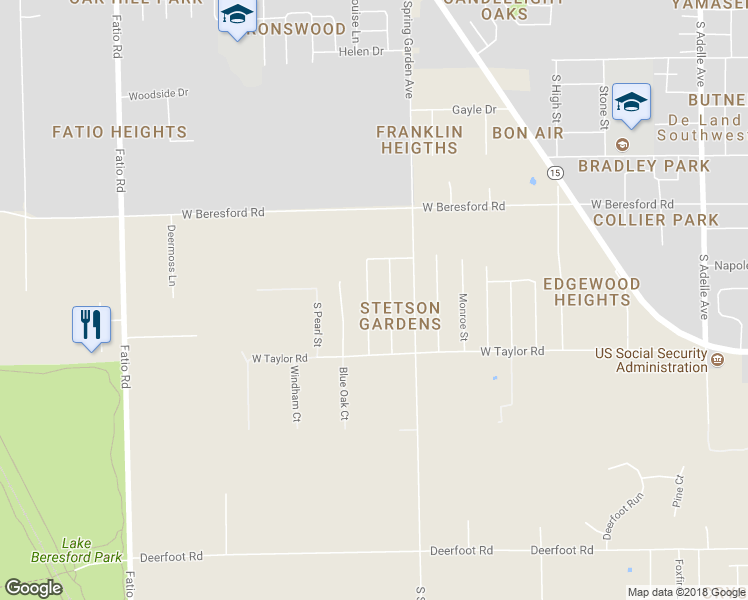 map of restaurants, bars, coffee shops, grocery stores, and more near 1595 Pratt Street in DeLand