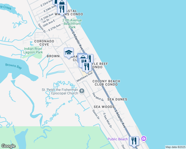 map of restaurants, bars, coffee shops, grocery stores, and more near 4233 Sea Mist Drive in New Smyrna Beach