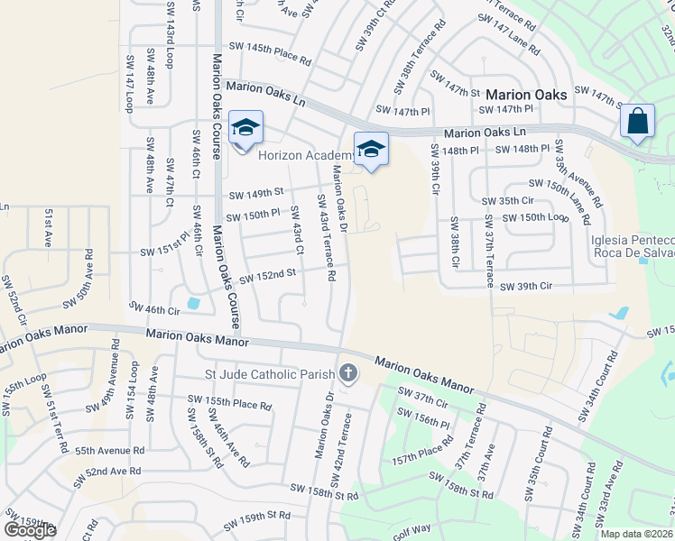 map of restaurants, bars, coffee shops, grocery stores, and more near 15201 Southwest 43rd Terrace Road in Ocala