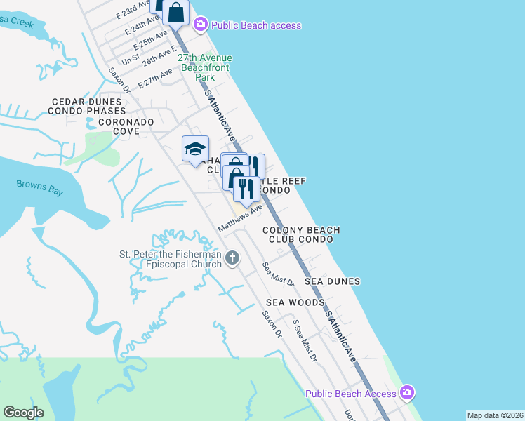 map of restaurants, bars, coffee shops, grocery stores, and more near 4233 Sea Mist Drive in New Smyrna Beach