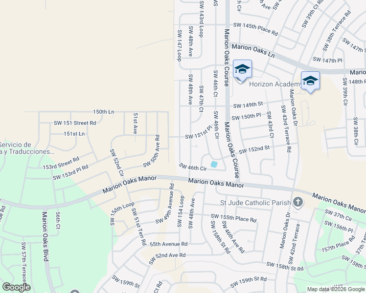 map of restaurants, bars, coffee shops, grocery stores, and more near 15150 Southwest 46th Circle in Ocala