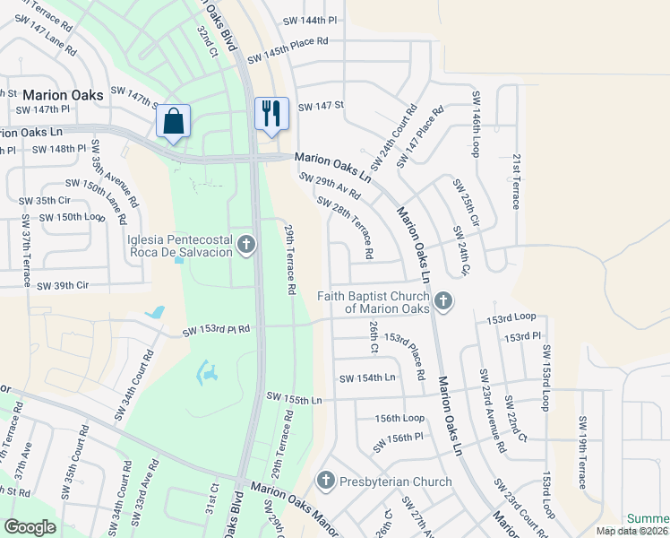map of restaurants, bars, coffee shops, grocery stores, and more near 15195 Southwest 28th Avenue Road in Ocala