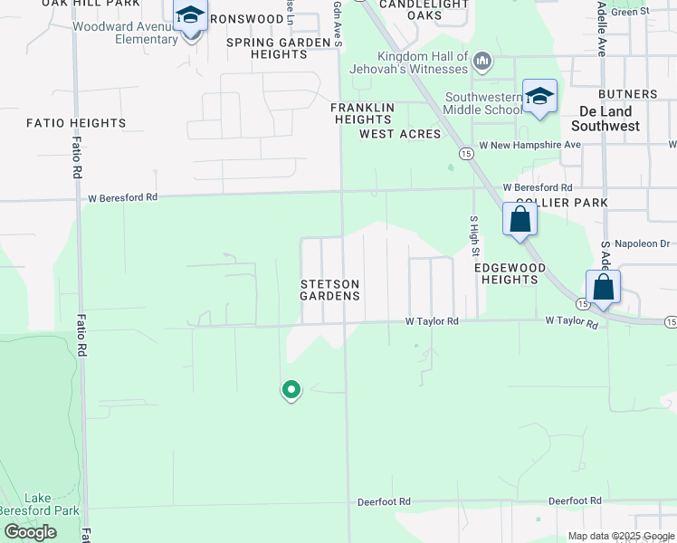 map of restaurants, bars, coffee shops, grocery stores, and more near 1578 South Spring Garden Avenue in DeLand