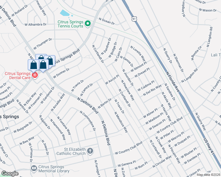 map of restaurants, bars, coffee shops, grocery stores, and more near 9435 North Travis Drive in Citrus Springs