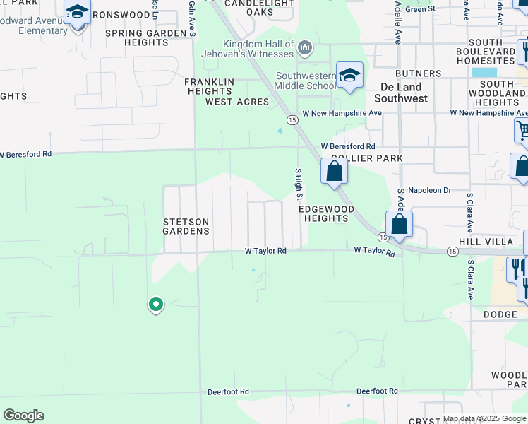 map of restaurants, bars, coffee shops, grocery stores, and more near 1519 South Boundary Street in DeLand