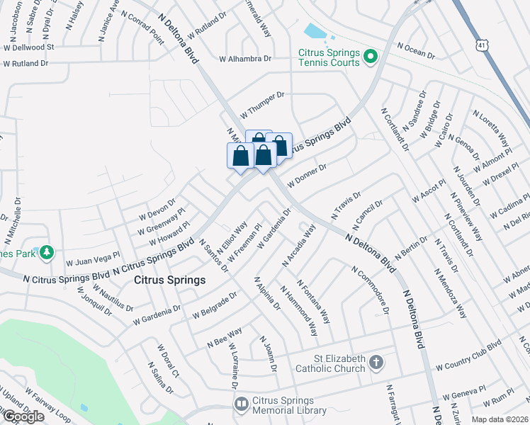 map of restaurants, bars, coffee shops, grocery stores, and more near 9447 North Milam Way in Citrus Springs