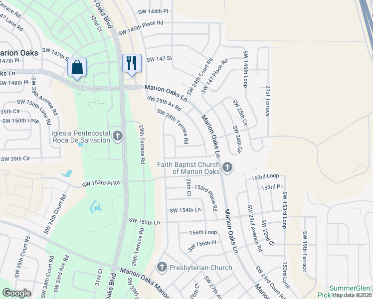 map of restaurants, bars, coffee shops, grocery stores, and more near 2710 Southwest 151st Place in Ocala
