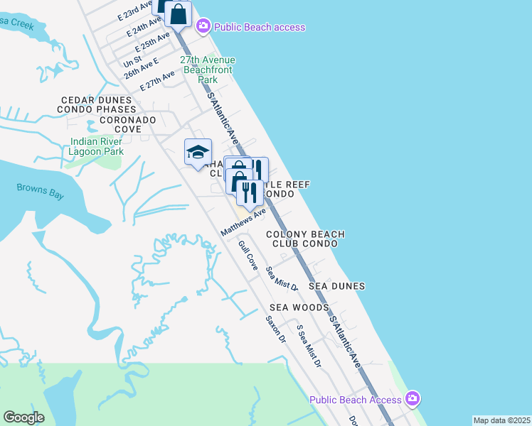 map of restaurants, bars, coffee shops, grocery stores, and more near 4233 Sea Mist Drive in New Smyrna Beach
