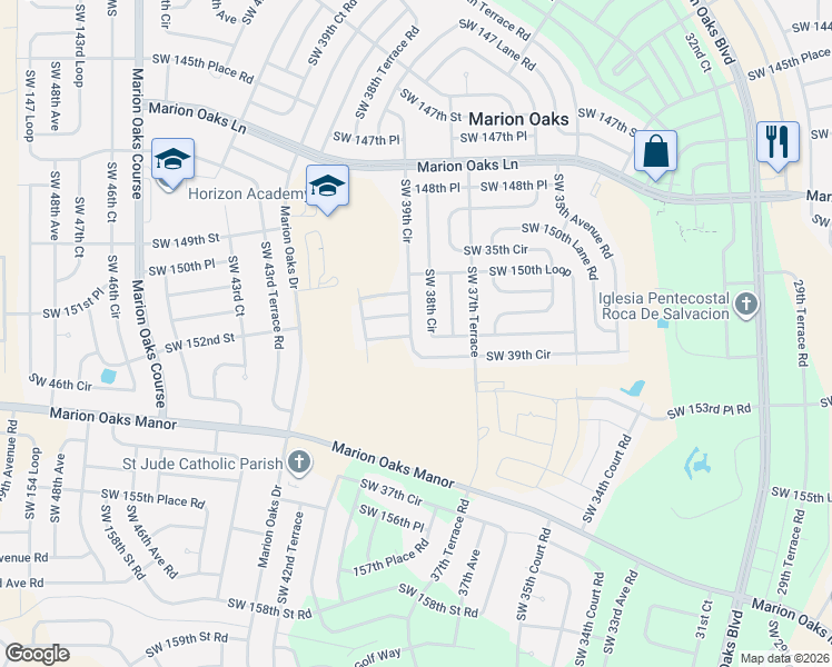 map of restaurants, bars, coffee shops, grocery stores, and more near 3919 Southwest 152nd Street in Ocala