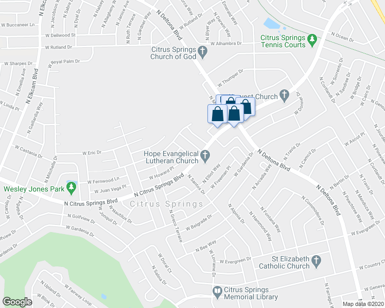 map of restaurants, bars, coffee shops, grocery stores, and more near 9461 North Argo Way in Citrus Springs