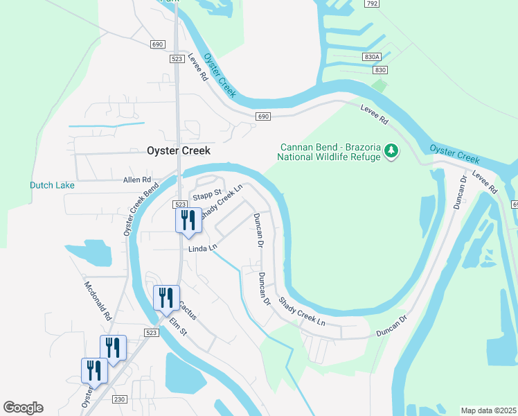 map of restaurants, bars, coffee shops, grocery stores, and more near 2902 Duncan Drive in Freeport