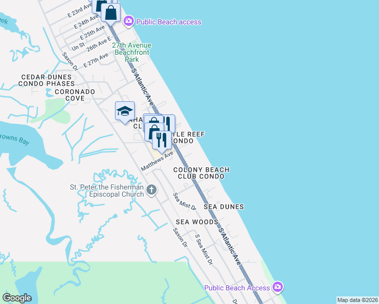 map of restaurants, bars, coffee shops, grocery stores, and more near 4203 South Atlantic Avenue in New Smyrna Beach