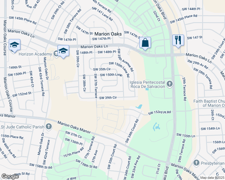 map of restaurants, bars, coffee shops, grocery stores, and more near 15170 Southwest 38th Circle in Ocala
