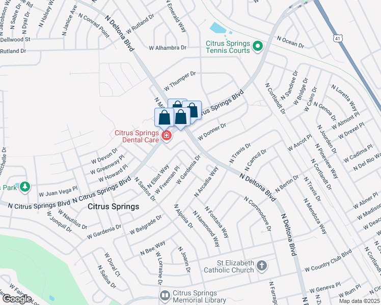 map of restaurants, bars, coffee shops, grocery stores, and more near 9556 North Elliot Way in Dunnellon