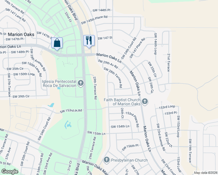 map of restaurants, bars, coffee shops, grocery stores, and more near 15195 Southwest 28th Avenue Road in Ocala