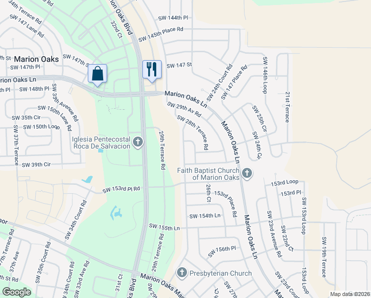 map of restaurants, bars, coffee shops, grocery stores, and more near 15195 Southwest 28th Avenue Road in Ocala
