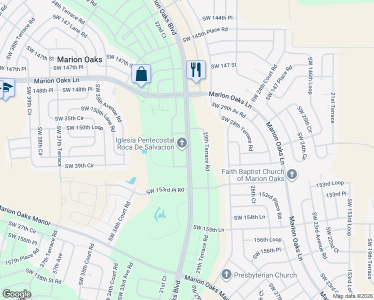 map of restaurants, bars, coffee shops, grocery stores, and more near Marion Oaks Boulevard in Ocala