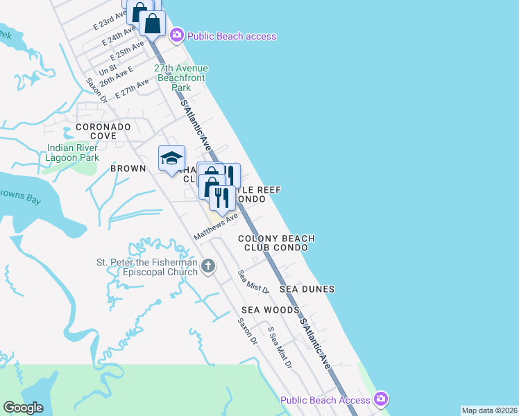 map of restaurants, bars, coffee shops, grocery stores, and more near 4205 South Atlantic Avenue in New Smyrna Beach