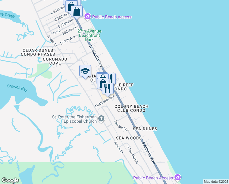 map of restaurants, bars, coffee shops, grocery stores, and more near 4188 South Atlantic Avenue in New Smyrna Beach