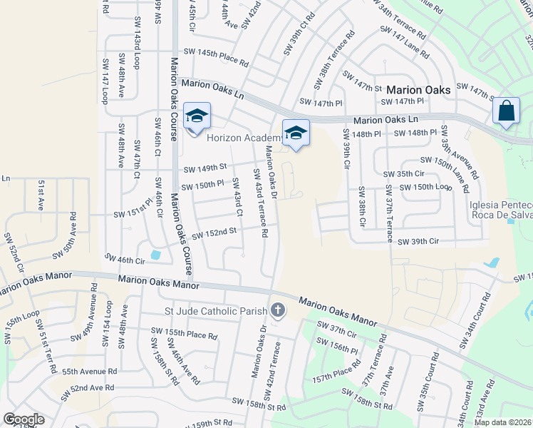 map of restaurants, bars, coffee shops, grocery stores, and more near 15107 Southwest 43rd Terrace Road in Ocala