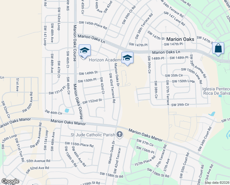 map of restaurants, bars, coffee shops, grocery stores, and more near 15107 Southwest 43rd Terrace Road in Ocala