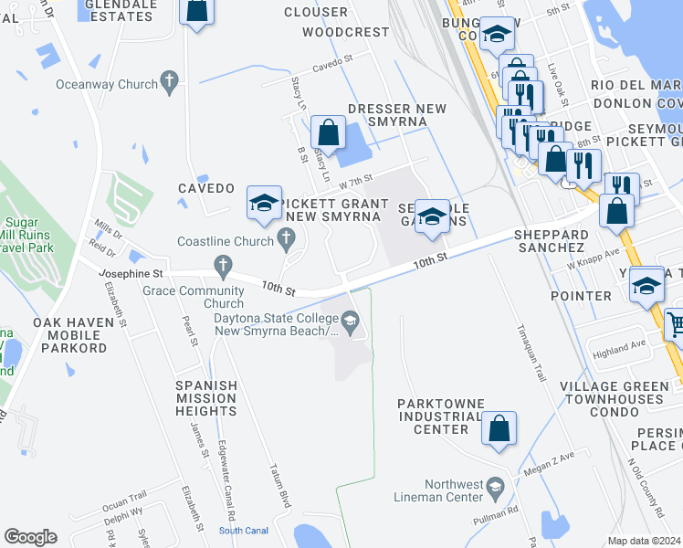 map of restaurants, bars, coffee shops, grocery stores, and more near 12203 Newport Sound Place in New Smyrna Beach