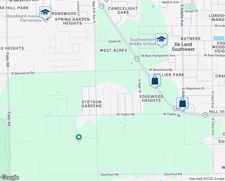 map of restaurants, bars, coffee shops, grocery stores, and more near 1430 Monroe Street in DeLand