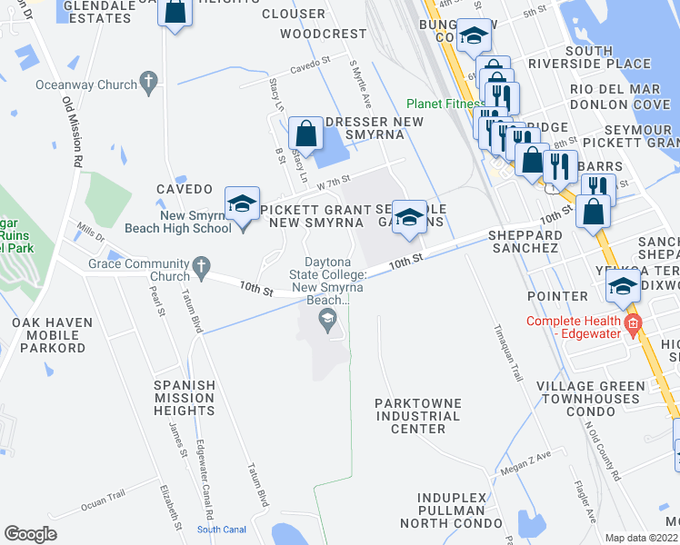 map of restaurants, bars, coffee shops, grocery stores, and more near 11203 Newport Sound Place in New Smyrna Beach