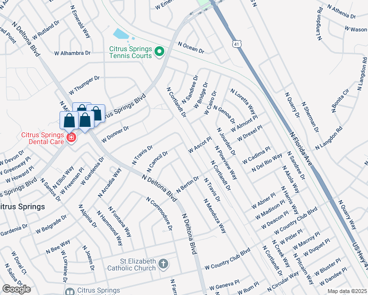map of restaurants, bars, coffee shops, grocery stores, and more near 9500 North Travis Drive in Citrus Springs