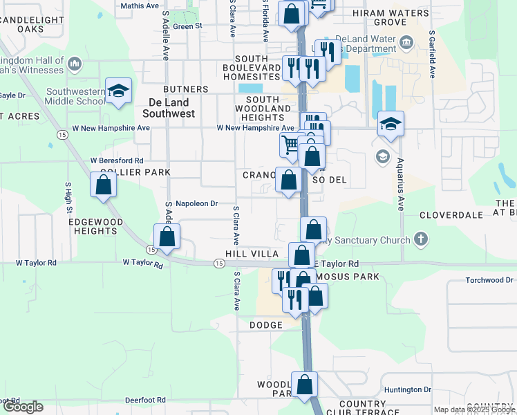 map of restaurants, bars, coffee shops, grocery stores, and more near 120 W Chipola Ave in DeLand