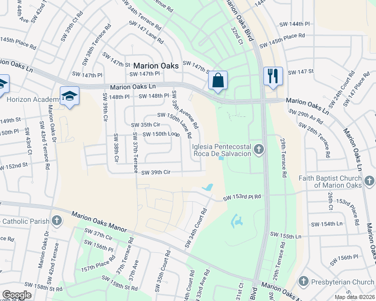 map of restaurants, bars, coffee shops, grocery stores, and more near 3440 Southwest 150th Lane Road in Ocala