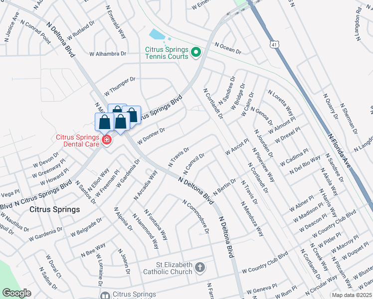 map of restaurants, bars, coffee shops, grocery stores, and more near 9541 North Travis Drive in Citrus Springs