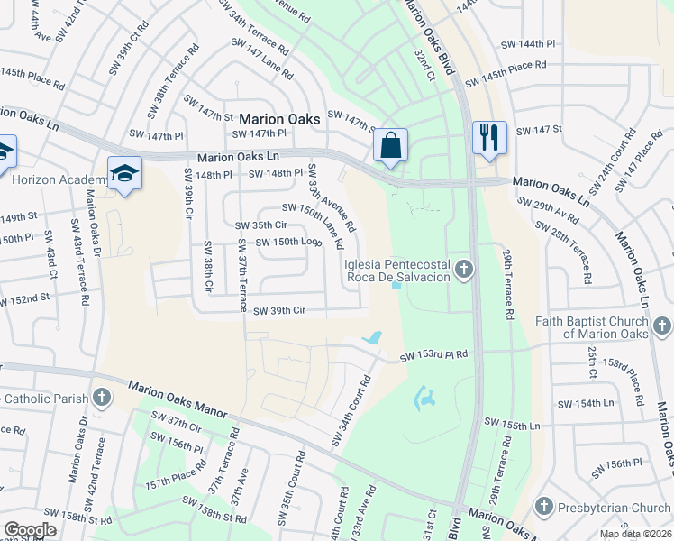map of restaurants, bars, coffee shops, grocery stores, and more near 3440 Southwest 150th Lane Road in Ocala