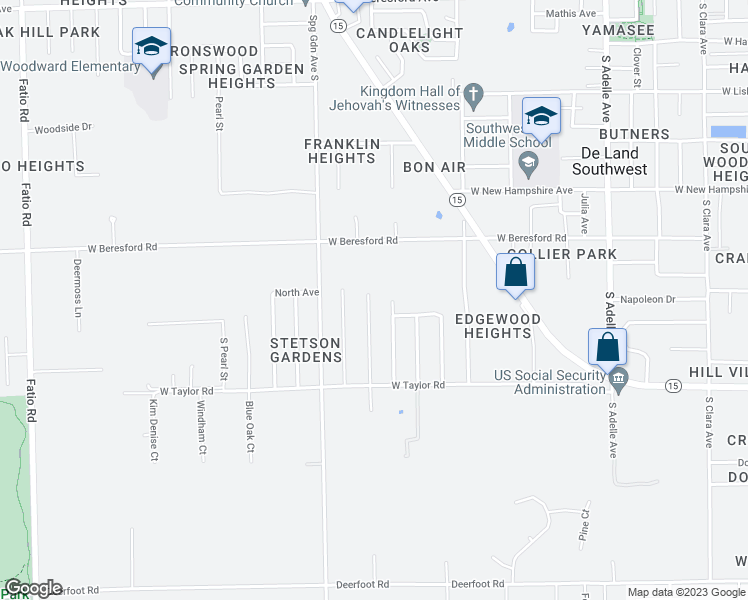 map of restaurants, bars, coffee shops, grocery stores, and more near 1420 Monroe Street in DeLand
