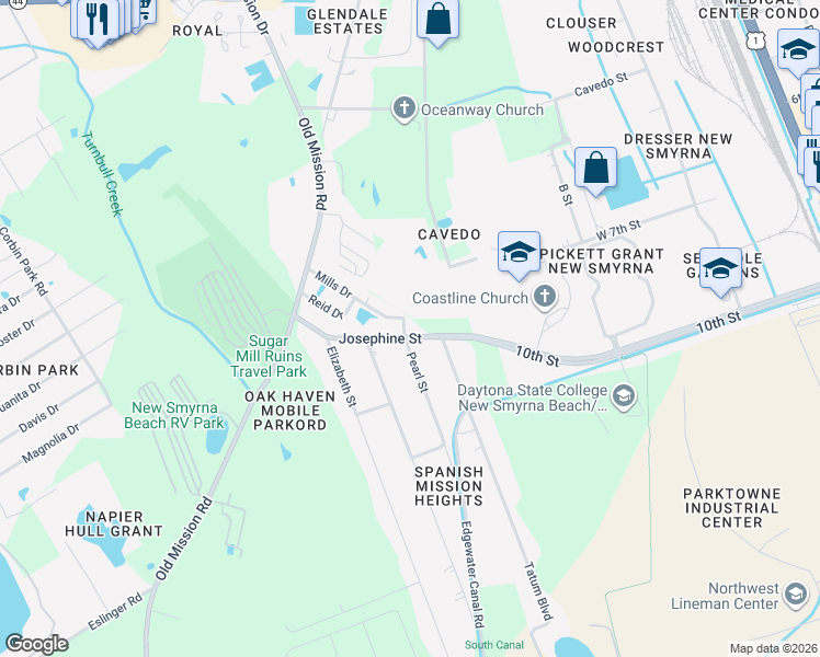 map of restaurants, bars, coffee shops, grocery stores, and more near 1103 Pearl Street in New Smyrna Beach