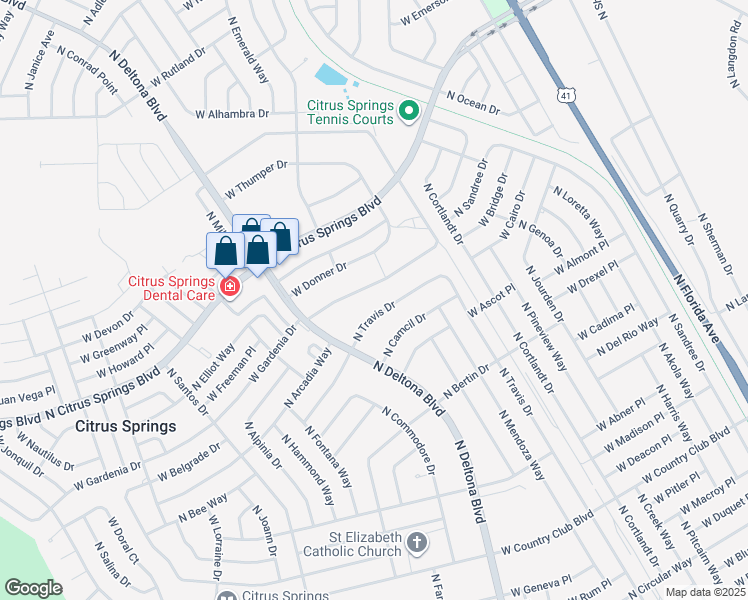map of restaurants, bars, coffee shops, grocery stores, and more near 9541 North Travis Drive in Citrus Springs