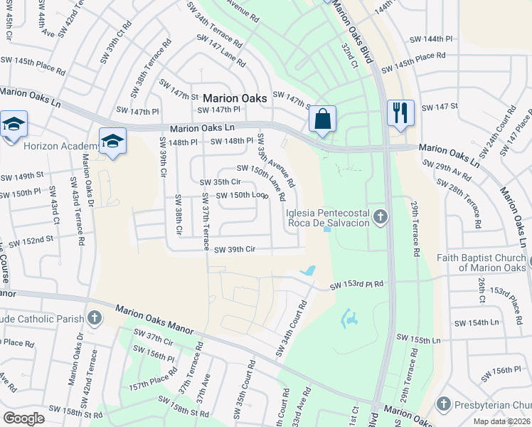 map of restaurants, bars, coffee shops, grocery stores, and more near 15077 Southwest 35th Circle in Ocala
