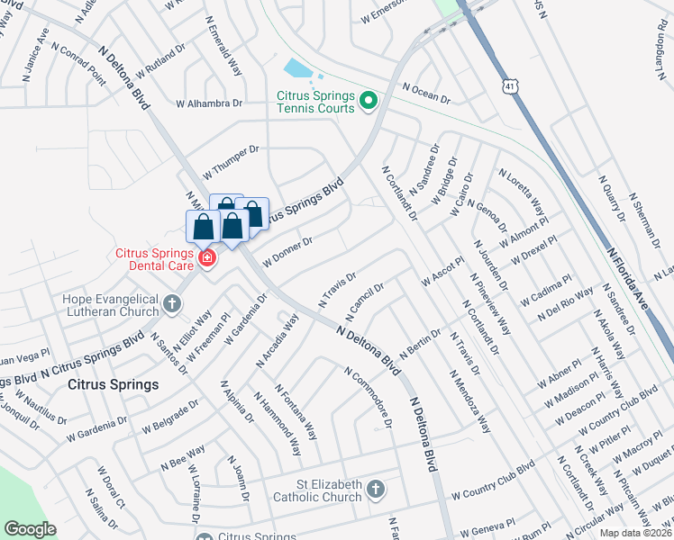 map of restaurants, bars, coffee shops, grocery stores, and more near 9541 North Travis Drive in Citrus Springs