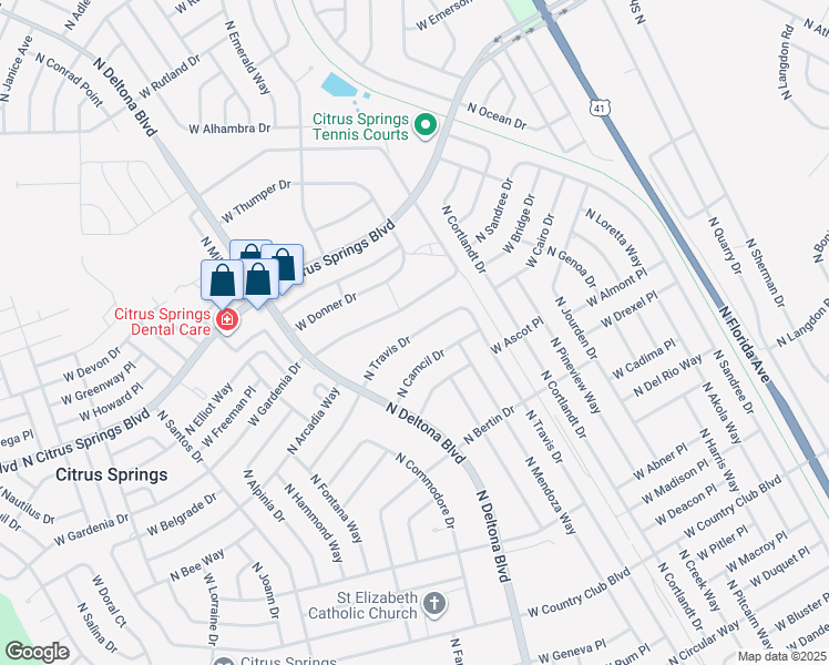 map of restaurants, bars, coffee shops, grocery stores, and more near 9541 North Travis Drive in Citrus Springs