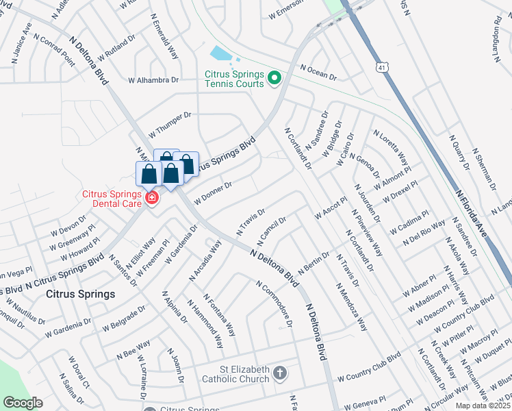 map of restaurants, bars, coffee shops, grocery stores, and more near 9541 North Travis Drive in Citrus Springs