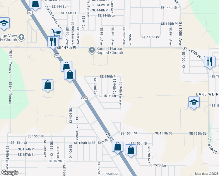 map of restaurants, bars, coffee shops, grocery stores, and more near 15101 Southeast 93rd Court in Summerfield