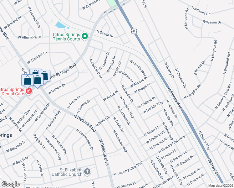 map of restaurants, bars, coffee shops, grocery stores, and more near 9535 North Pineview Way in Citrus Springs