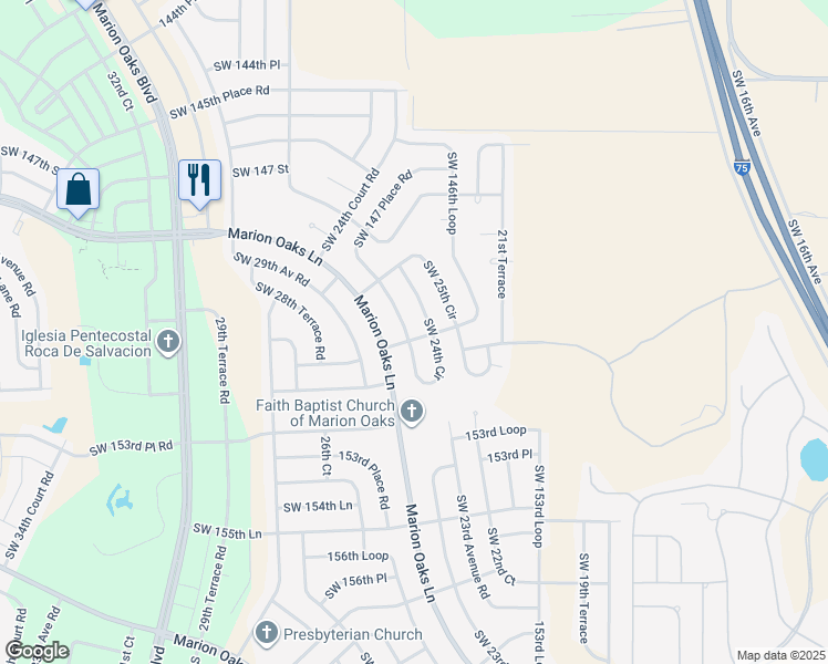 map of restaurants, bars, coffee shops, grocery stores, and more near 14918 Southwest 24th Circle in Ocala
