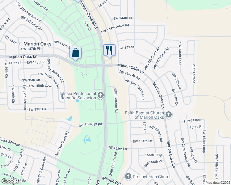 map of restaurants, bars, coffee shops, grocery stores, and more near 15050 29th Terrace Road in Ocala