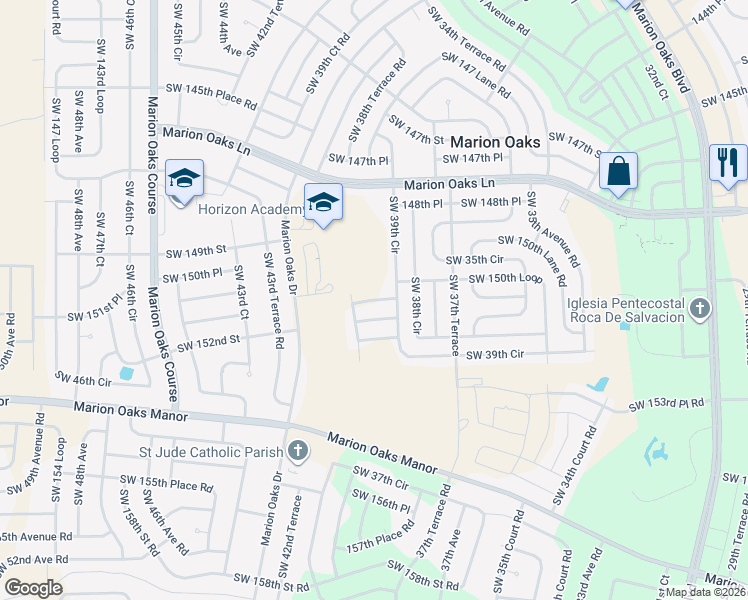 map of restaurants, bars, coffee shops, grocery stores, and more near 3924 Southwest 151st Place in Ocala