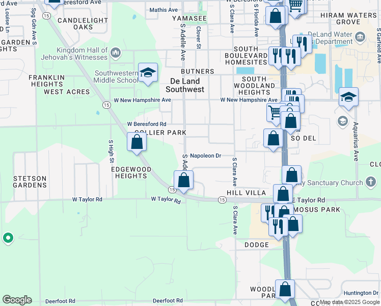 map of restaurants, bars, coffee shops, grocery stores, and more near 485 Napoleon Dr in DeLand