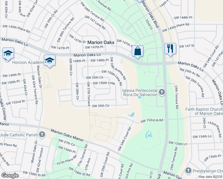 map of restaurants, bars, coffee shops, grocery stores, and more near 15077 Southwest 35th Circle in Ocala