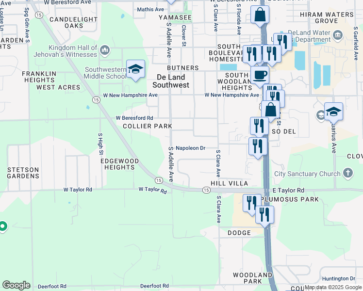 map of restaurants, bars, coffee shops, grocery stores, and more near 485 Napoleon Drive in DeLand