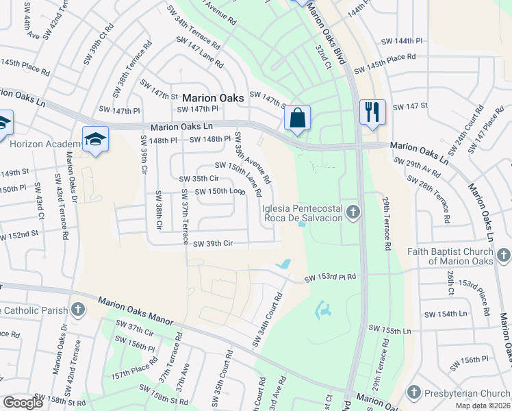 map of restaurants, bars, coffee shops, grocery stores, and more near 3440 Southwest 150th Lane Road in Ocala